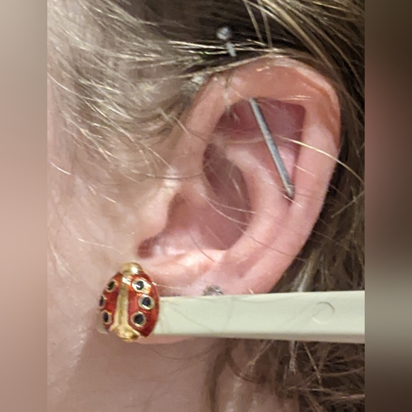 Vintage 1980 Ladybug Gold Tone Red Black Enamel Lady bug Avon Earrings Studs - Picture 6 of 6